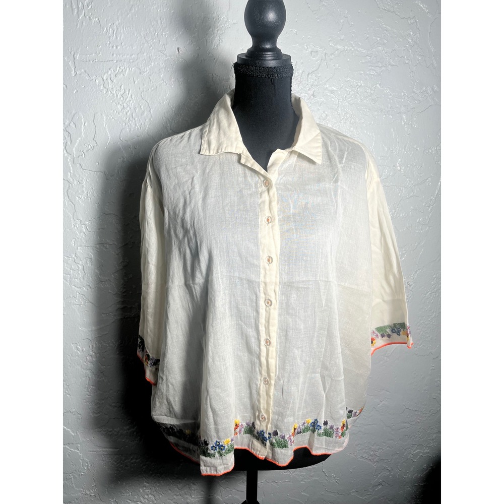 Kimchi Blue Embroidered Floral Cotton Button Down Blouse Boho Size M